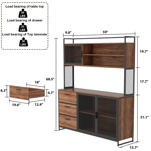 Homsee Wood with Metal Mesh Doors, 3 Drawers & Adjustable Shelves, Ideal for Dining Room Storage, Brown