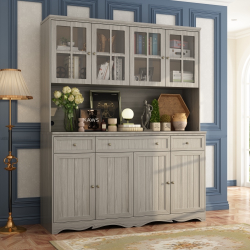 Homsee Spacious Kitchen Hutch Cabinet with Glass Doors, Drawers, and Countertop – 61.2" Wooden Pantry Storage Cabinet in Grey for Kitchen,(61.2" L