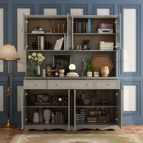 Homsee Spacious Kitchen Hutch Cabinet with Glass Doors, Drawers, and Countertop – 61.2" Wooden Pantry Storage Cabinet in Grey for Kitchen,(61.2" L