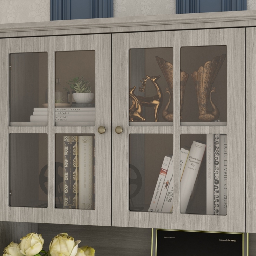 Homsee Spacious Kitchen Hutch Cabinet with Glass Doors, Drawers, and Countertop – 61.2" Wooden Pantry Storage Cabinet in Grey for Kitchen,(61.2" L