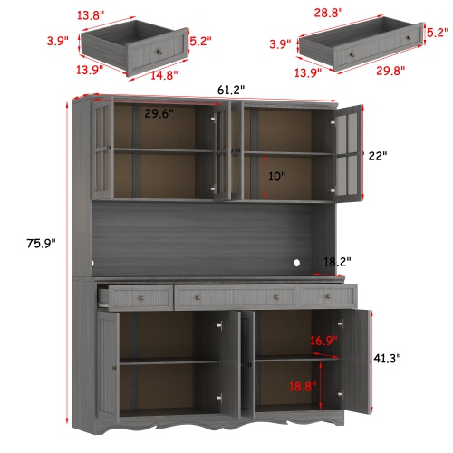 Homsee Spacious Kitchen Hutch Cabinet with Glass Doors, Drawers, and Countertop – 61.2" Wooden Pantry Storage Cabinet in Grey for Kitchen,(61.2" L