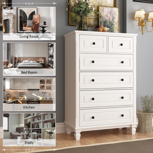 6-Drawers White Wood Chest of Drawers Dresser Vanity Table Storage Cabinet with Wooden Legs 47.4 in. H x 31.5 W x 15.7 D