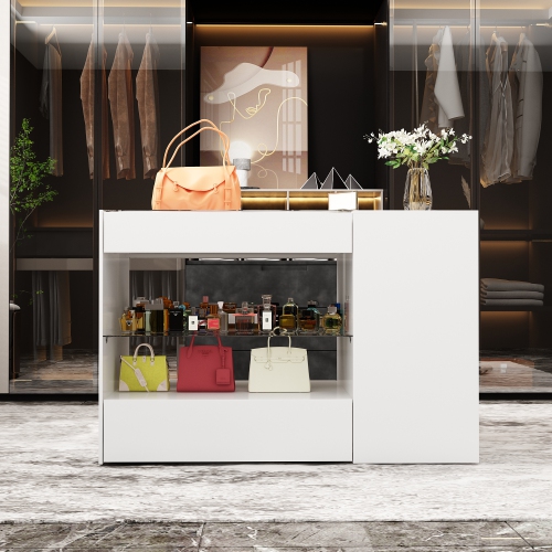 47.2" L Wardrobe Armoire Bedroom Island with Glass Top, Glass Display Shelf & 6 Drawers, Wooden Closet Storage Cabinet with Open Shelves for Bedroom,