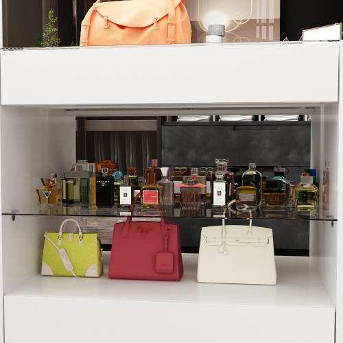 47.2" L Wardrobe Armoire Bedroom Island with Glass Top, Glass Display Shelf & 6 Drawers, Wooden Closet Storage Cabinet with Open Shelves for Bedroom,