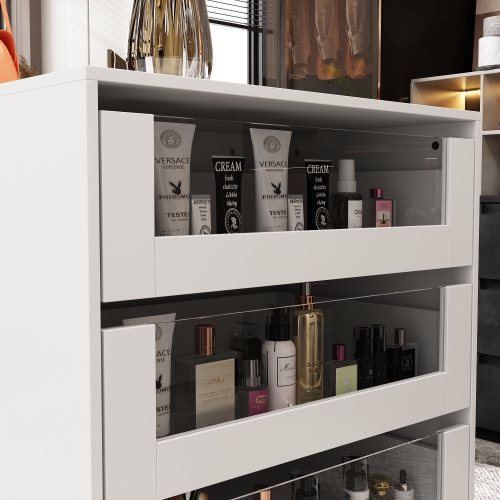 47.2" L Wardrobe Armoire Bedroom Island with Glass Top, Glass Display Shelf & 6 Drawers, Wooden Closet Storage Cabinet with Open Shelves for Bedroom,