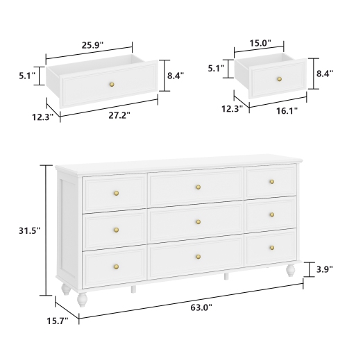 Homsee 63" 9-Drawer Dresser, Wood Chest of Drawers for Bedroom Storage & Organization, Oak Woodgrain Finish,White