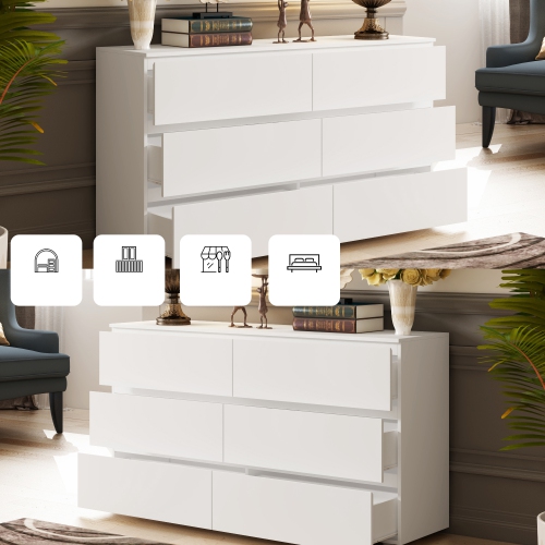 Commode Homsee élégante à 6 tiroirs avec glissières en métal silencieuses et tiroirs de rangement spacieux,, blanc