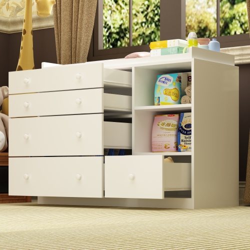 Homsee – Commode en bois avec 5 tiroirs, coiffeuse et armoire de rangement avec tablette, blanc