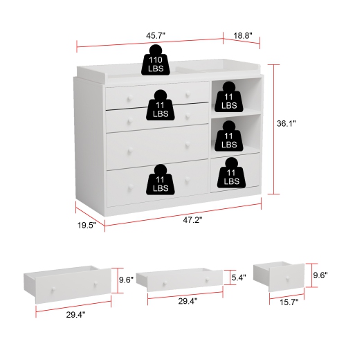 Homsee – Commode en bois avec 5 tiroirs, coiffeuse et armoire de rangement avec tablette, blanc