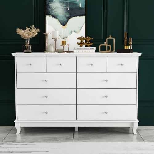 10 Drawer Double Dresser for Bedroom Traditional Dresser Chest w/ Wide Drawer & Metal Handles Wood Storage Chest of Drawers for Closet Living Room