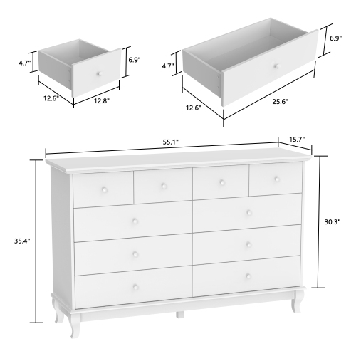 10 Drawer Double Dresser for Bedroom Traditional Dresser Chest w/ Wide Drawer & Metal Handles Wood Storage Chest of Drawers for Closet Living Room