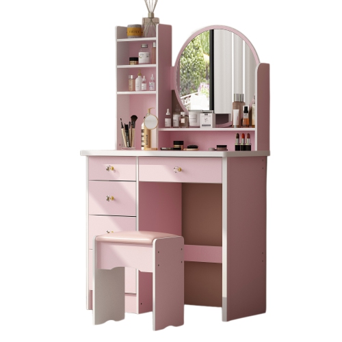 Homsee 5-Drawers Pink Makeup Vanity Dressing Table Set with Stool, Mirror and Storage Shelves Girls Dressing Table Pink