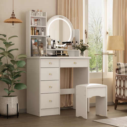 Meuble-lavabo Homsee 5 tiroirs bois blanc coiffeuse/tabouret, miroir rond LED et tablettes de rangement 53,1x 31,5x 15.7 po