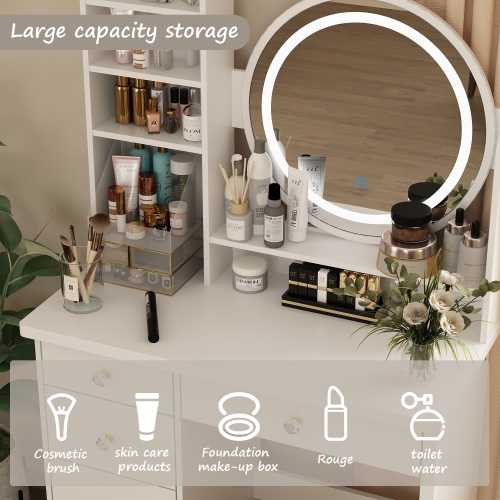 Meuble-lavabo Homsee 5 tiroirs bois blanc coiffeuse/tabouret, miroir rond LED et tablettes de rangement 53,1x 31,5x 15.7 po