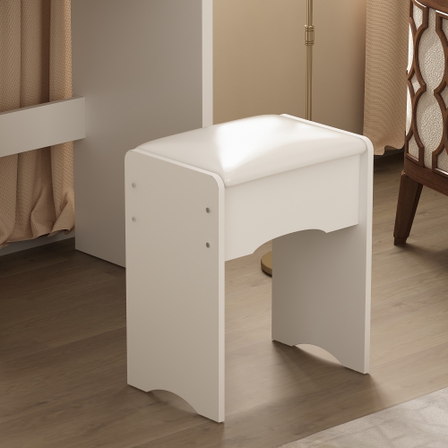 Meuble-lavabo Homsee 5 tiroirs bois blanc coiffeuse/tabouret, miroir rond LED et tablettes de rangement 53,1x 31,5x 15.7 po