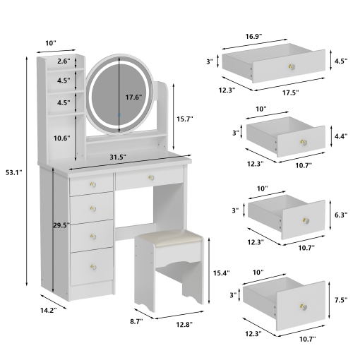 Meuble-lavabo Homsee 5 tiroirs bois blanc coiffeuse/tabouret, miroir rond LED et tablettes de rangement 53,1x 31,5x 15.7 po