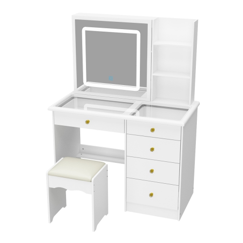 Image 1 de 10.. Homsee – Coiffeuse blanche à dessus en verre, miroir LED coulissant, tiroirs, tablettes de rangement et tabouret, blanc