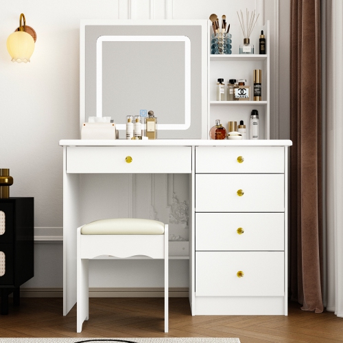Homsee White Makeup Vanity Dressing Table Set with Glass Top, Sliding LED Mirror, Drawers, Storage Shelves and Stool, White