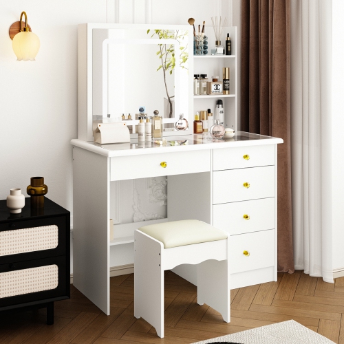 Homsee White Makeup Vanity Dressing Table Set with Glass Top, Sliding LED Mirror, Drawers, Storage Shelves and Stool, White
