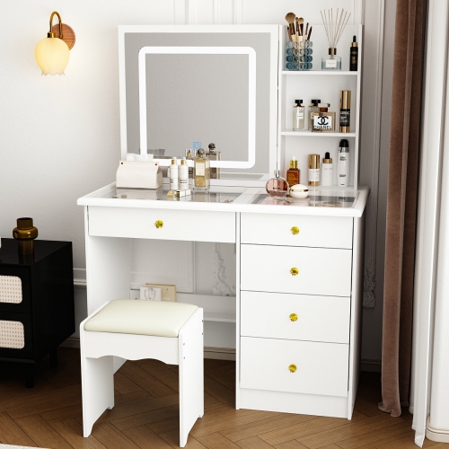 Homsee White Makeup Vanity Dressing Table Set with Glass Top, Sliding LED Mirror, Drawers, Storage Shelves and Stool, White