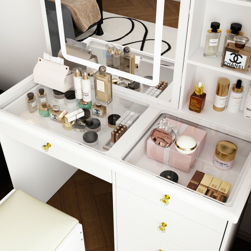 Homsee White Makeup Vanity Dressing Table Set with Glass Top, Sliding LED Mirror, Drawers, Storage Shelves and Stool, White