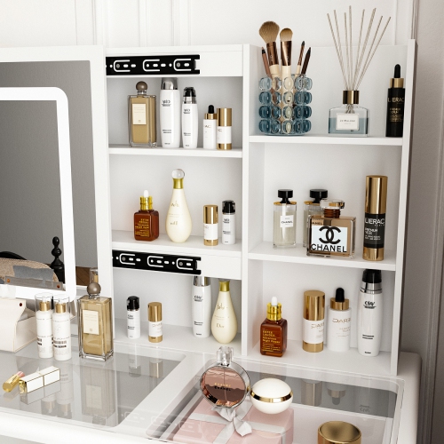 Homsee White Makeup Vanity Dressing Table Set with Glass Top, Sliding LED Mirror, Drawers, Storage Shelves and Stool, White