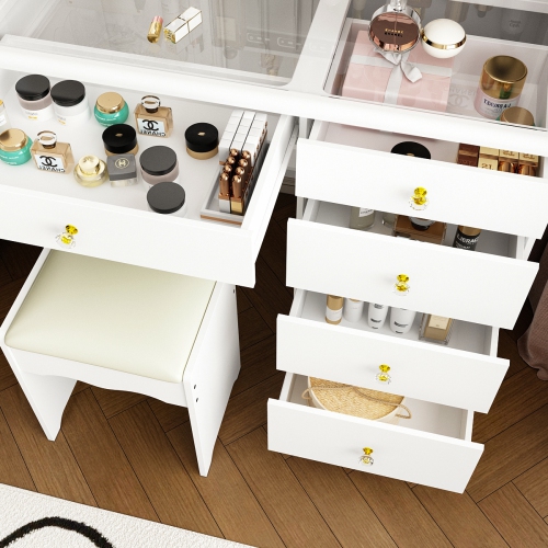 Homsee White Makeup Vanity Dressing Table Set with Glass Top, Sliding LED Mirror, Drawers, Storage Shelves and Stool, White