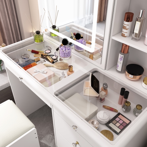 Homsee White Makeup Vanity Dressing Table Set with Glass Top, Sliding LED Mirror, Drawers, Storage Shelves and Stool, White