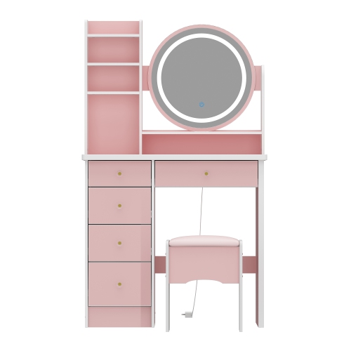 HOMSEE  5-Drawers Wood Makeup Vanity Set Dressing Desk W/stool, Led Round Mirror And Storage Shelves (52 X 31.5 X 15.7 In) In Pink