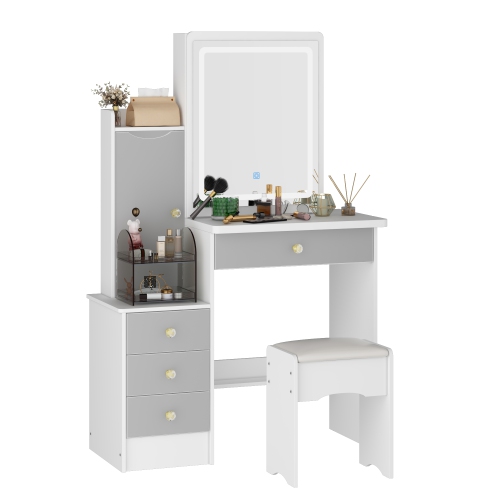 HOMSEE  Led Vanity Table With Mirror, Adjustable Lighting, Storage Drawers & Cabinet, Wooden Handles & Gray (53.2" H X 35.2" W X 15.6" D), Grey