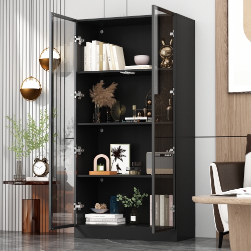 Homsee LED Lights Bookcase with Tempered Glass Doors and Aluminum Frame, Modern Storage Shelf for Living Room or Study, Black