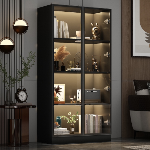 Homsee LED Lights Bookcase with Tempered Glass Doors and Aluminum Frame, Modern Storage Shelf for Living Room or Study, Black