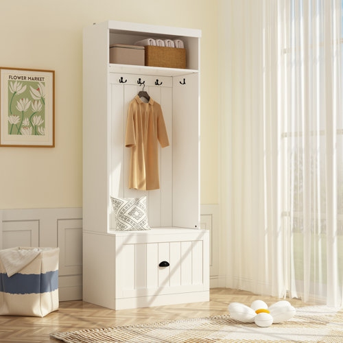 70.9''H X27.7''W Hall Tree Wide with Bench And One Drawer In White