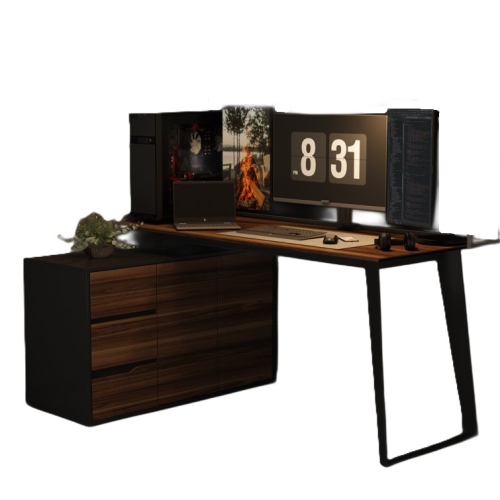 Homsee 54.3" L-Shaped Home Office Desk with Drawers and Cabinet, Adjustable Setup,Black and Wood Grain Finish