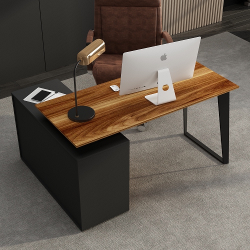 Homsee 54.3" L-Shaped Home Office Desk with Drawers and Cabinet, Adjustable Setup,Black and Wood Grain Finish