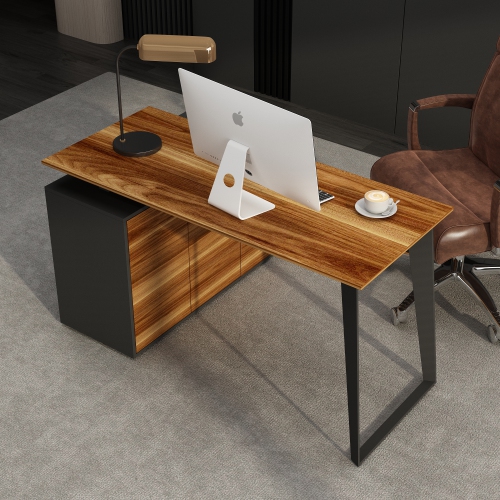 Homsee 54.3" L-Shaped Home Office Desk with Drawers and Cabinet, Adjustable Setup,Black and Wood Grain Finish