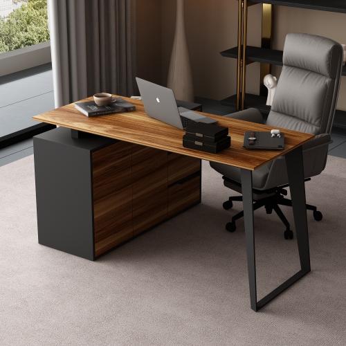 Homsee 54.3" L-Shaped Home Office Desk with Drawers and Cabinet, Adjustable Setup,Black and Wood Grain Finish