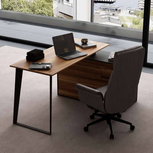 Homsee 54.3" L-Shaped Home Office Desk with Drawers and Cabinet, Adjustable Setup,Black and Wood Grain Finish