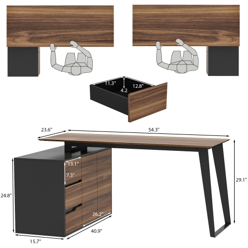 Homsee 54.3" L-Shaped Home Office Desk with Drawers and Cabinet, Adjustable Setup,Black and Wood Grain Finish