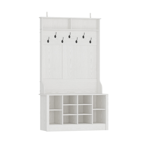 Image 1 of 10.. Homsee Rustic Wood Hall Tree with Bench and Shoe Storage, Entryway Organizer with 7 Hooks, 2 Display Shelves, and 10-Tier Shoe Rack, White