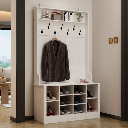 Homsee Rustic Wood Hall Tree with Bench and Shoe Storage, Entryway Organizer with 7 Hooks, 2 Display Shelves, and 10-Tier Shoe Rack, White