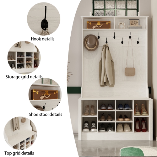 Homsee Rustic Wood Hall Tree with Bench and Shoe Storage, Entryway Organizer with 7 Hooks, 2 Display Shelves, and 10-Tier Shoe Rack, White