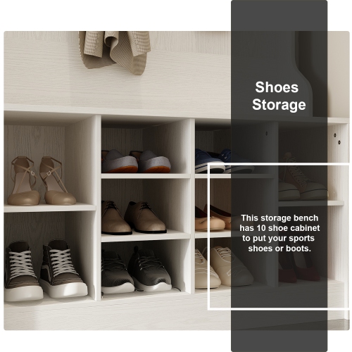 Homsee Rustic Wood Hall Tree with Bench and Shoe Storage, Entryway Organizer with 7 Hooks, 2 Display Shelves, and 10-Tier Shoe Rack, White