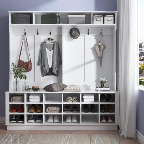 Homsee Large Entryway Hall Tree with Coat Hooks, Shoe Storage Cubbies, and Top Shelves for Mudroom and Foyer Organization, White