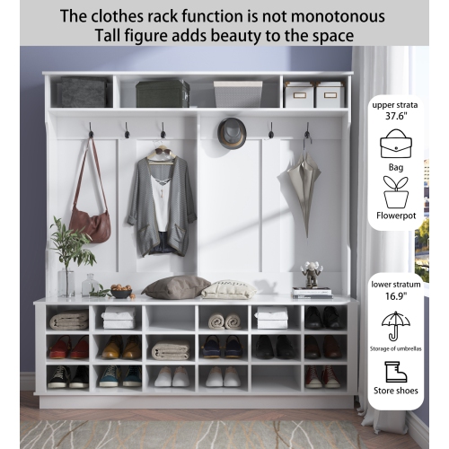 Homsee Large Entryway Hall Tree with Coat Hooks, Shoe Storage Cubbies, and Top Shelves for Mudroom and Foyer Organization, White