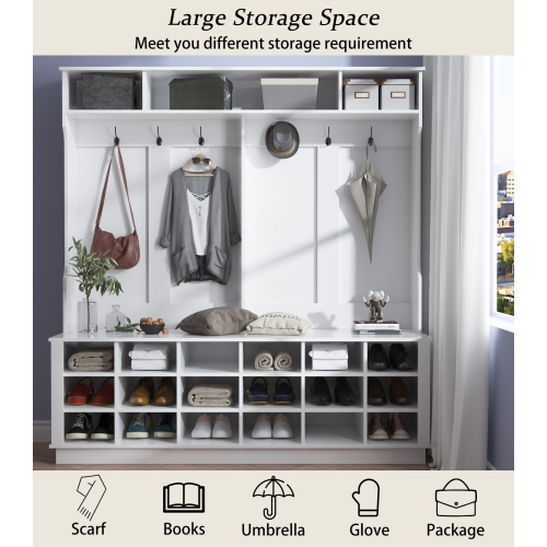 Homsee Large Entryway Hall Tree with Coat Hooks, Shoe Storage Cubbies, and Top Shelves for Mudroom and Foyer Organization, White