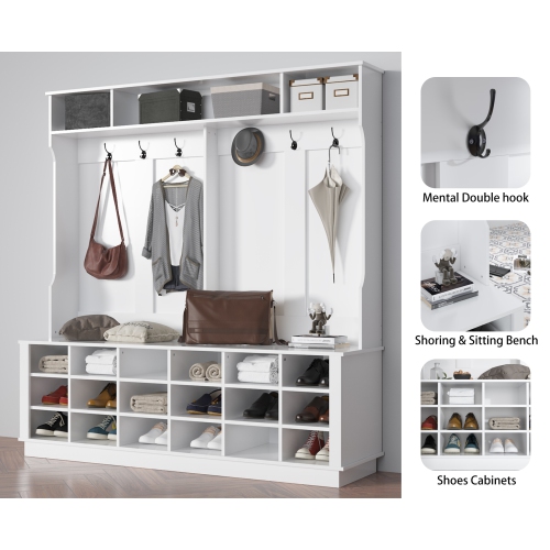 Homsee Large Entryway Hall Tree with Coat Hooks, Shoe Storage Cubbies, and Top Shelves for Mudroom and Foyer Organization, White