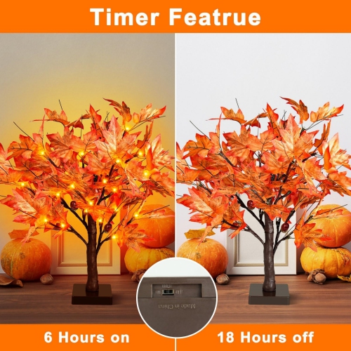 1.5ft Lighted Maple Tree, Artificial Fall Maple Tree with 36 LED Lights, 72 Leaves,6 Acorns, Autumn Tabletop Tree with Burlap Base for Indoor Fall