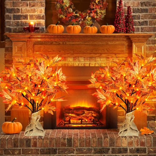 1.5ft Lighted Maple Tree, Artificial Fall Maple Tree with 36 LED Lights, 72 Leaves,6 Acorns, Autumn Tabletop Tree with Burlap Base for Indoor Fall