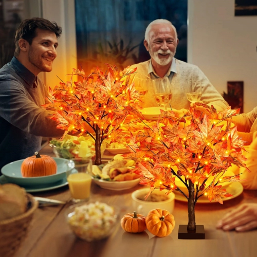 1.5ft Lighted Maple Tree, Artificial Fall Maple Tree with 36 LED Lights, 72 Leaves,6 Acorns, Autumn Tabletop Tree with Burlap Base for Indoor Fall